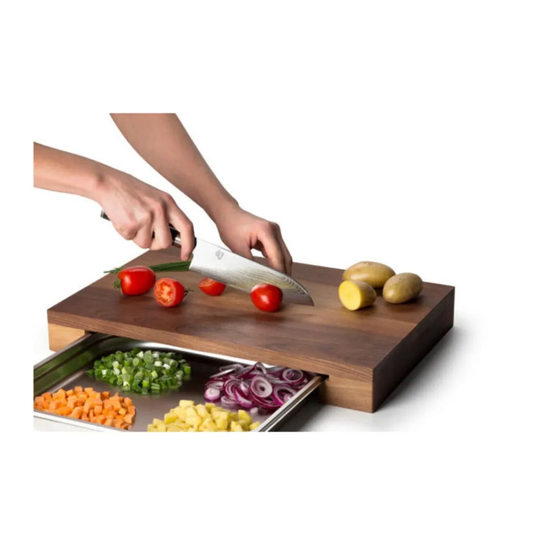 Continenta Schneidebrett Walnuss m. Edelstahl Schublade 48 x 32,5 x 6 cm